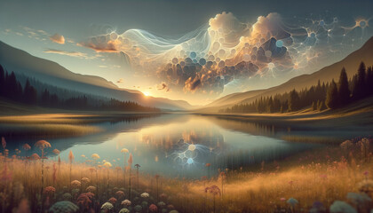 Tranquil sunset landscape with floating neural network patterns.