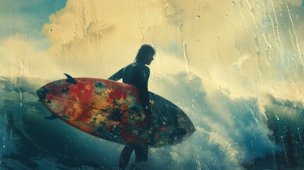 An adventurous surfer braves the crashing waves, poised on their surfboard against the backdrop of a vibrant beach painting - obrazy, fototapety, plakaty