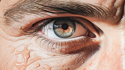 Fototapeta premium Close-up: young Caucasian eye, intense gaze, water droplets, serious expression, captivating clarity