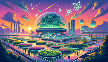 Futuristic carbon capture facility in vibrant, whimsical landscape.