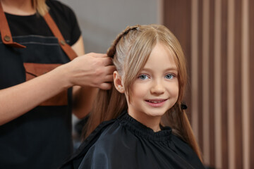 Fototapeta premium Professional hairdresser braiding girl's hair in beauty salon, closeup