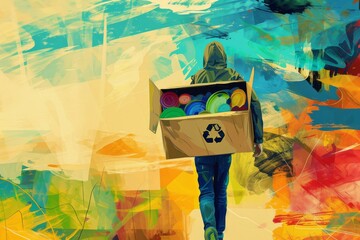 A colorful box overflowing with a child's vibrant acrylic paintings and modern art supplies, symbolizing the endless possibilities of creative expression in visual arts