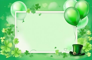 Clover leaves and hat on green background. Three-leaved shamrocks St Patrick Day holiday symbol. Template for design card, invitation, banner.