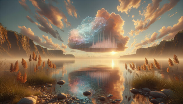 Tranquil landscape with glowing PCA scatter plot above serene water
