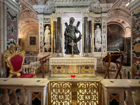 Amalfi, Italy, September 26, 2023: Cathedral of St. Andrew in Amalfi, Italy. Fragment of the interior of the underground crypt, figure of Saint Andrew