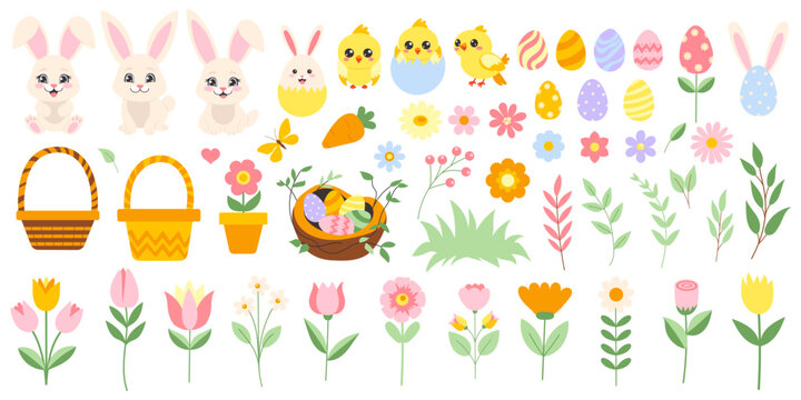 Easter big set with bunny, eggs, flowers