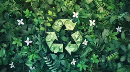 Nature's sustainable cycle blooms within this verdant garden, as the vibrant green recycle symbol reflects the beauty and harmony of our outdoor world