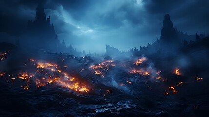 Blue fire on dark night sky background