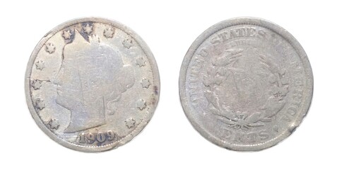 1909 American Liberty Head V Nickel 5 Cent Piece VG Good 5c US Coin Collectible front obverse and back reverse side isolated on white background