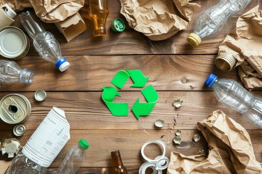 A tool for sustainable living, the recycling symbol is a powerful reminder amidst the clutter of discarded bottles, scissors, and wooden objects in an indoor wasteland