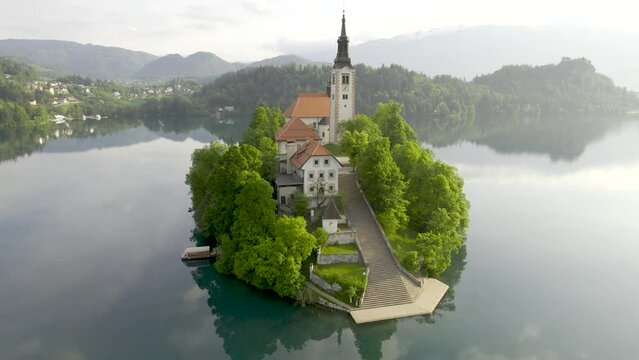 Aerial View of Bled Island Church Surrounded by Tranquil Lake in Slovenia I