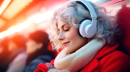 A middle-aged woman in a red coat and headphones is sitting in a subway car listening to music with...