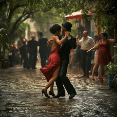 Passionate Tango Dancers in Rainy Street Scene
