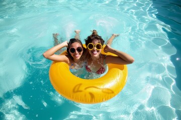 Two friends bask in the sun and laughter, floating on a bright yellow inflatable in the refreshing water of a leisure centre pool