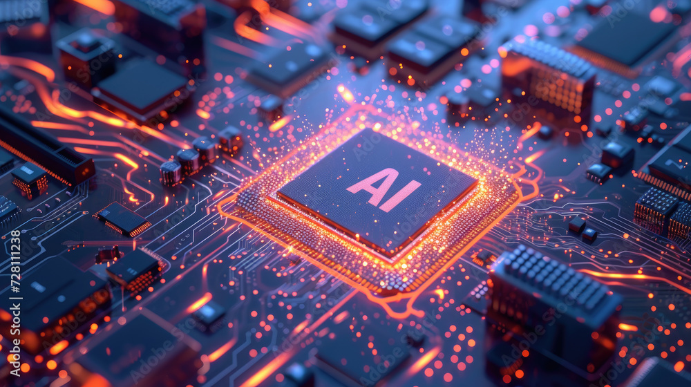Poster futuristic ai processor glows with orange energy and power, chip of artificial intelligence radiates