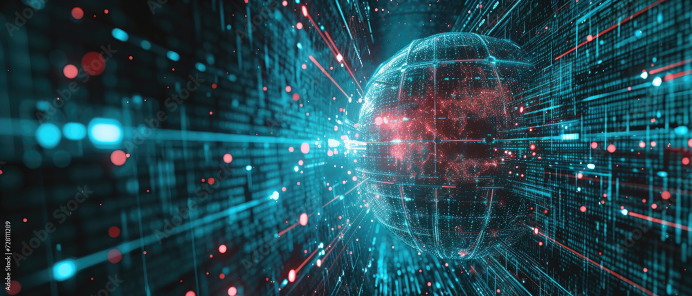 Poster futuristic cyberspace background, cybersecurity sphere in abstract dark digital space with data, cyb