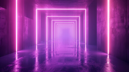 Modern neon concrete garage background, abstract empty room with lines of led purple light, dark futuristic studio or hallway. Concept of cyberpunk space interior, hall, tunnel