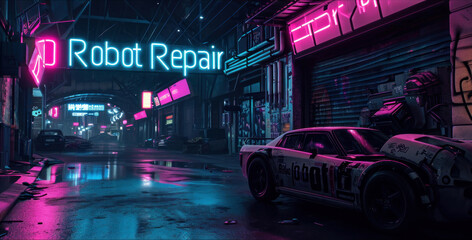 Cyberpunk neon city street at night, dark grungy alley with robot repair workshop. Urban scene with futuristic buildings and purple light. Concept of metaverse, dystopia and future