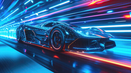Futuristic sports car drives fast at night, shiny luxury auto moves on highway at dusk. Racing vehicle on neon city road. Concept of speed, motion line, technology, light, future
