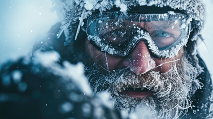Portrait of man climber in mask with snow and ice, face of frozen bearded hiker during snowstorm in winter. Concept of cold, sport, climbing, hike, travel, storm and frost. - obrazy, fototapety, plakaty