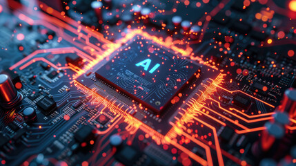 Futuristic AI processor glows with orange energy, chip of artificial intelligence radiates red light. Concept of computer technology, circuit board, cpu, data, semiconductor