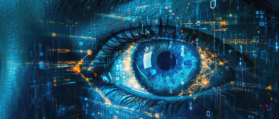 Person eye watching cyber data, abstract digital information background, wide blue banner with network security theme. Concept of ai, technology, spy, hacker, hack, art - obrazy, fototapety, plakaty