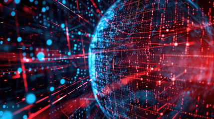 Abstract digital space background, futuristic cyberspace with cyber data, information and red blue light. Concept of ai technology, secure tech, network, art and cybersecurity.