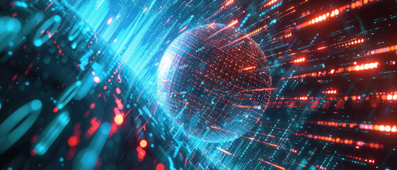 Abstract digital space background, futuristic cyberspace with cyber sphere, data, information and blue red light. Concept of ai technology, secure tech, network, art and cybersecurity.