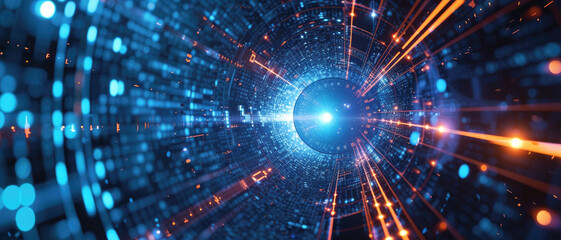 Fototapeta premium Abstract digital space background, futuristic cyberspace with cyber sphere, data, information and blue light. Concept of ai technology, secure tech, network, art, security