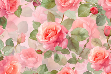 Fototapeta premium Watercolor floral seamless pattern in pink Color roses,postcards, greeting cards, wedding invites, romantic events