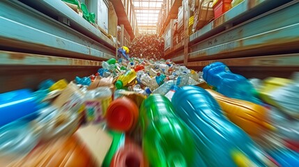 A chaotic indoor scene, overflowing with discarded plastic bottles and cans, represents the detrimental impact of consumerism on our environment
