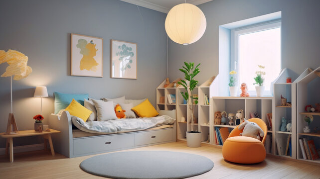 Interior of children’s room in Scandinavian style, modern minimalist design with wood furniture and wall pictures for kids. Concept of contemporary apartment, decor and decoration