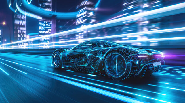 Luxury sports car drives fast on highway at night, shiny auto moves on city road. Futuristic racing vehicle on neon street. Concept of speed, motion line, light, future, design