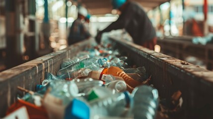 Amidst the busy hum of an indoor factory, a lone person tends to the never-ending stream of plastic bottles on the conveyor belt, each one representing a small step towards reducing food waste and pr - obrazy, fototapety, plakaty