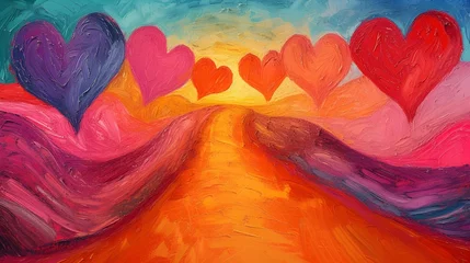 Foto op Canvas Colorful Heart-Shaped Trees on Vibrant Landscape Painting © FEROHORA