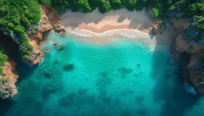 Aerial View of a Hidden Beach Cove with Crystal Clear Waters
