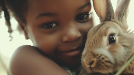 Young black girl cuddling pet bunny rabbit at Easter. AI generated