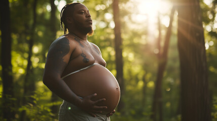 Heavily pregnant transgender african american man with tattoos. Proud LGBTQ+ pregnant man. AI generated - Powered by Adobe