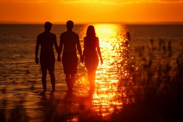As the sun sets over the tranquil lake, a group of friends stand together, silhouetted against the vibrant sky, holding hands and basking in the beauty of nature
