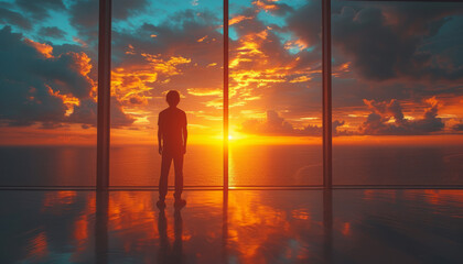 Fototapeta premium Silhouette of a Person Gazing at a Stunning Ocean Sunset