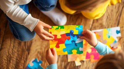 The boy gives a postcard to a friend with autism as a sign of support. A close-up of a painted card depicting colorful bright puzzles in the hands of a child. - Powered by Adobe