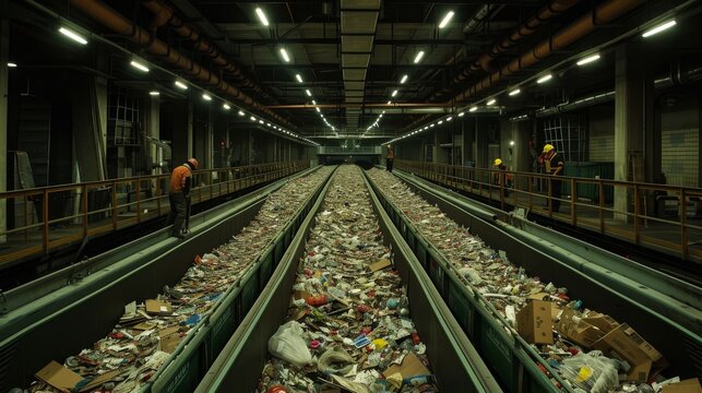 A dreary, dystopian scene where discarded waste rolls along a metal path, symbolizing society's disregard for the environment