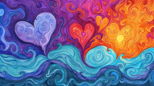 Vibrant Heart Trees and Swirling Waves Painting