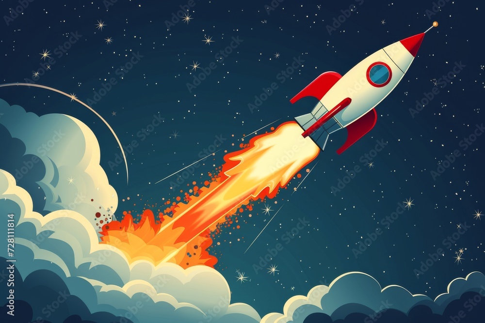 Poster an animated rocket launches into space, its vibrant cartoon style capturing the thrill and wonder of