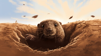 A mole coming out of the soil illustrations - obrazy, fototapety, plakaty