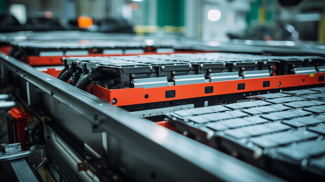 Assembly line of mass production electric vehicle batteries