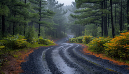 Obraz premium Misty Forest Road with Vibrant Ferns
