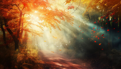 Obraz na płótnie Canvas Enchanted Autumn Forest Path with Sunbeams