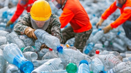 Amidst the great outdoors, a team of blue-collar workers donning helmets and protective gear diligently gather discarded plastic bottles, determined to make a positive impact on the environment