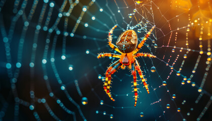 Vivid Spider on Dew-Covered Web